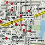 Map of city street with leak locations marked